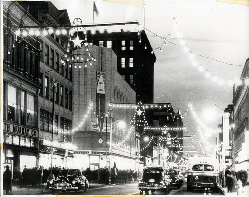 Christmas time, main street and fairfield avenue, bridgeport, connecticut, 1947